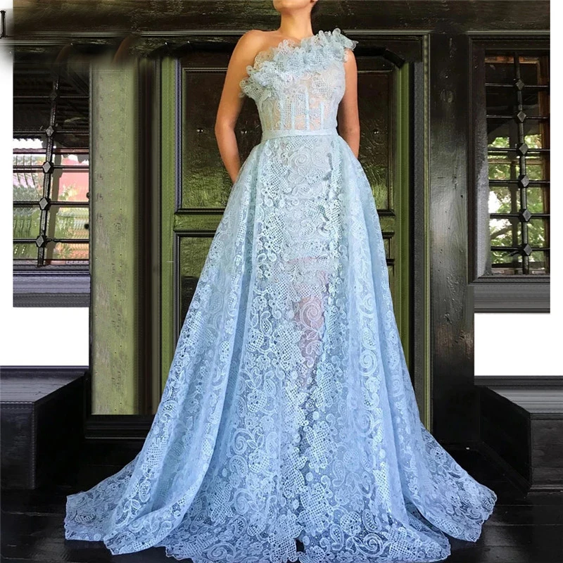 

Arabic Women Long Lace Evening Dresses One Shoulder Sleeveless Prom Gowns Sweep Train Special Occasion Dress