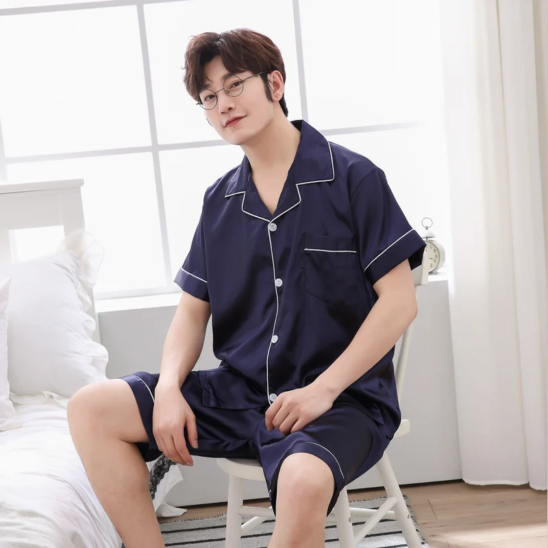 CAIYIER Summer Stripe Silk Satin Men Pajamas Set Short Sleeve Elastic Waist Shorts Sleepwear Men's Soft Cool Leisure Home Wear