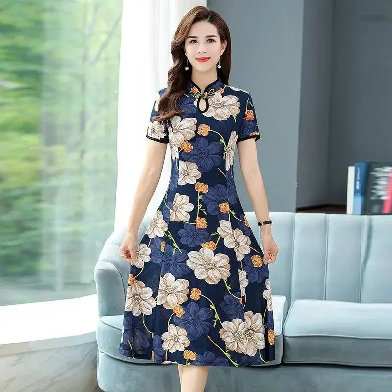 

Improved cheongsam women's short-sleeved 2021 summer new style plus size women's western style loose mid-length printed dress