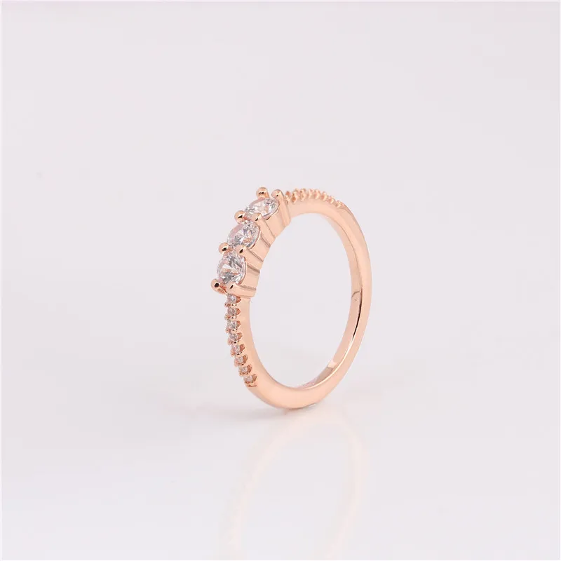 925 пробы Серебряное кольцо Белый Циркон CZ розовое золото прозрачное с тремя