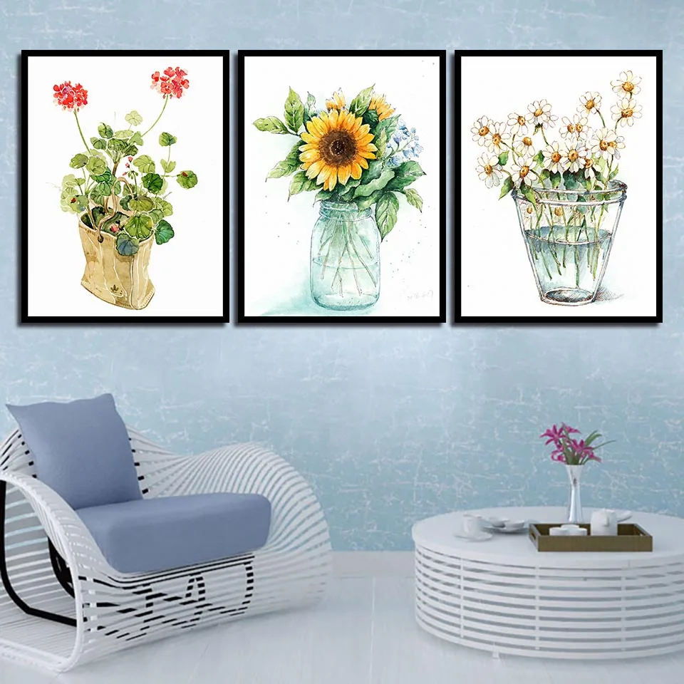 Sunflower Daisy Nordic Style Art Flowers Green Potted Plant Painting living Room Wall Canvas Print Nord Home Decor Sacred Simple | Дом и сад