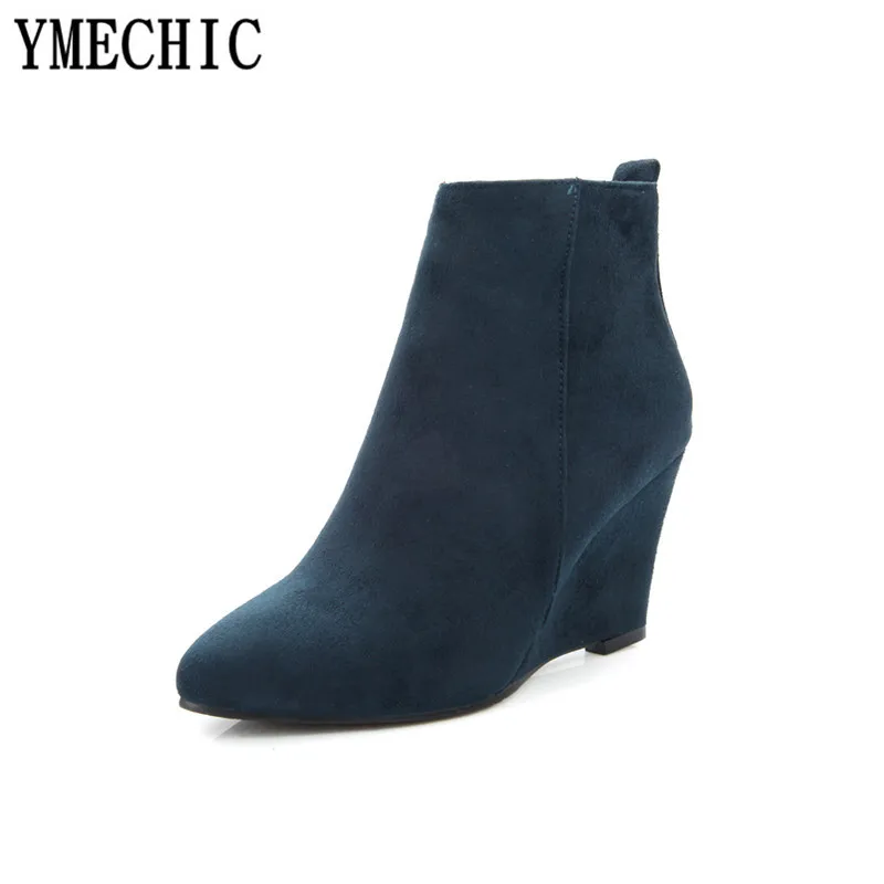 

Retro Blue Wine Red Lady's High Wedges Heels Suede Ankle Short Boots Shoes Woman Zipper Pointed Toe Autumn Winter 2018
