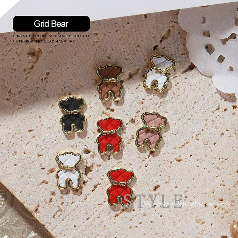 

10pcs 3D Baoge Bow Tie Cute Bear Nail Jewelry Plaid Diamond Net Celebrity Explosion Models Nail Decoration