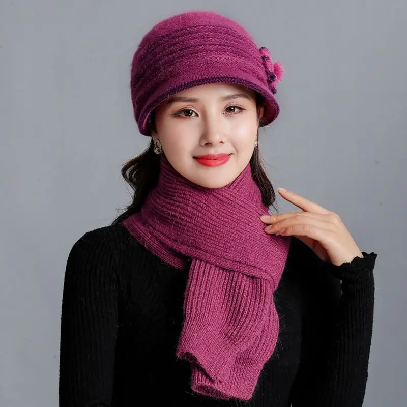 RUHAO Layer Winter Hats for Women Rabbit Fur Hat Warm Knitted and Scarf set Middle Age Large Flower Mom Beanies cap | Аксессуары для
