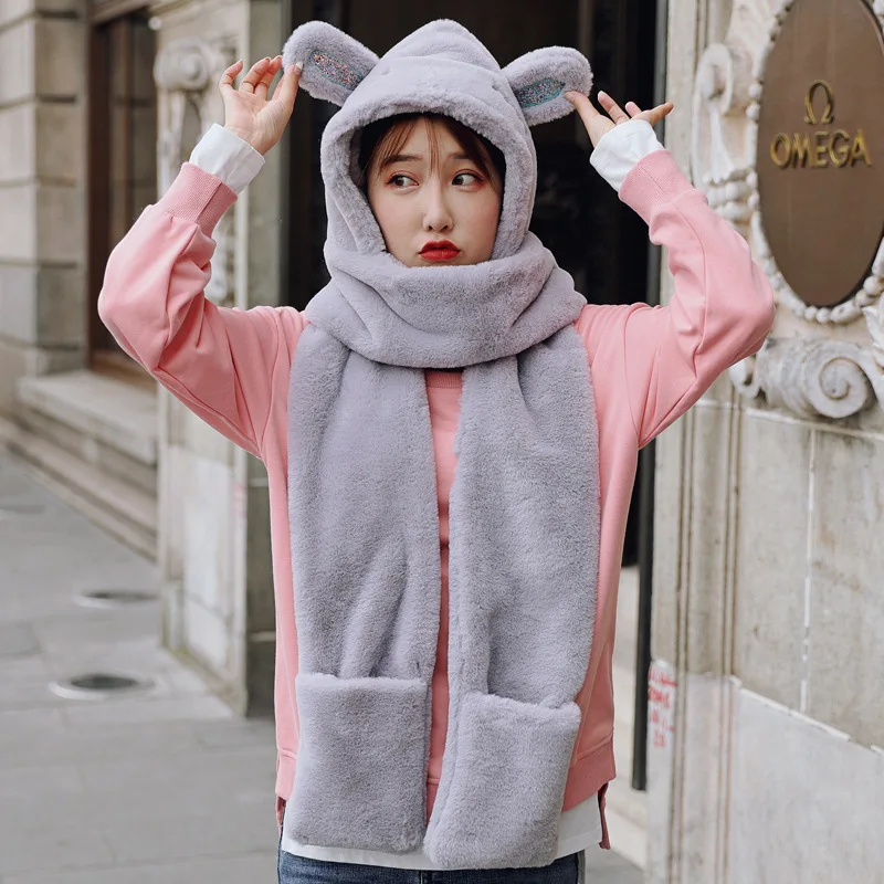 

Winter Cute Rabbit Ear Velvet Hat Scarf For Girls Thick Warm Women Plush Hat Scarf Gloves Set Novelty Cartoon Ear Cap