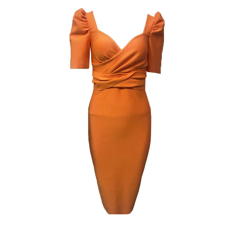 

New Celebrity Sexy Women dress Short Sleeve Orange V-Neck Knee-Length Runway Office Lady Dj Elegant Party Evening Club vestido