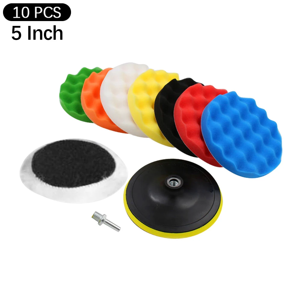 10pcs 5 inch Washable Sponge Polishing Buffing Waxing Pad Kit For Car Polisher Buffer With Drill Adapter Car Cleaning Tool