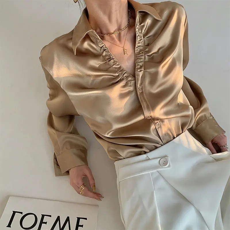 

Elegant Satin Shirt Blouse Women V-Neck Solid Korean Fashion Long Sleeve Ladies Tops Loose Button Up Shirts Blouses Female Q5600