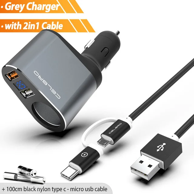 grey charger w cable Автомобильное зарядное устройство Quick Charge 3,0 Qc3.0 Dual Usb Автомобильное зарядное устройство адаптер цифровой светодиодный дисплей Быстрая зарядка для мобильного телефона samsung - Тип штекера: grey charger w cable