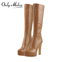 onlymaker concise platform knee high long boots high heels matte black brown leopard print soft pu leather zipper big size