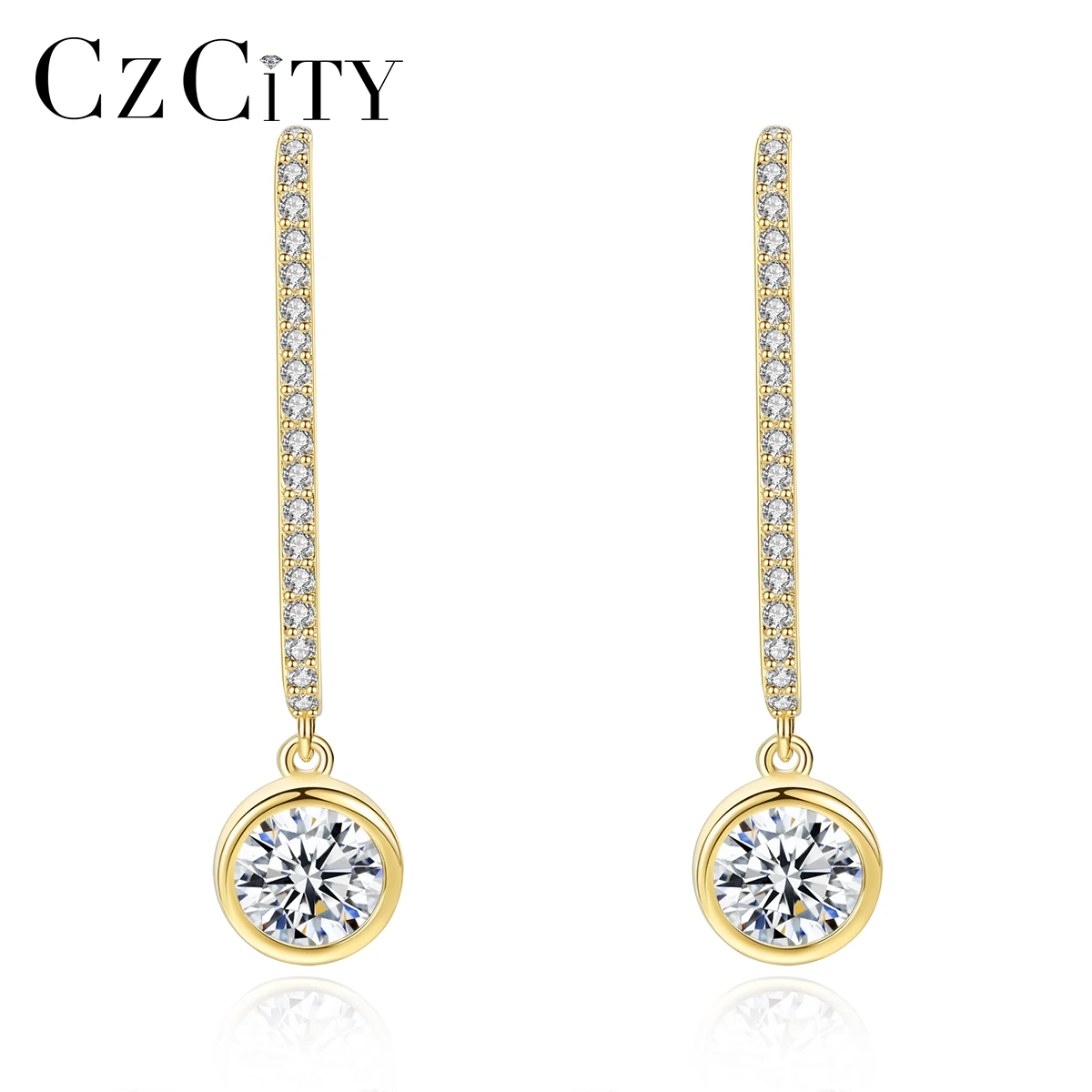 

CZCITY New 925 Sterling Silver Golden Round Ball Beads Drop Earrings for Women Fine Jewelry Anniversary CZ Boucle D'Oreille Gift