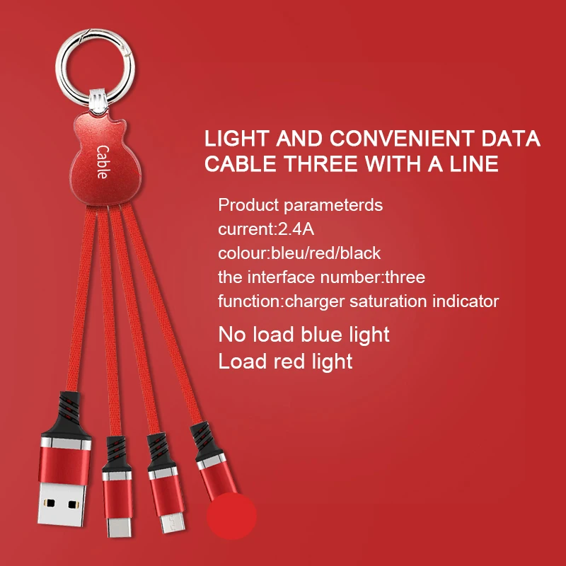 

Multi 3 In 1 Micro USB TypeC Charging Cable Guitar Design Keychain Data Sync iphone Lighting Cable IOS Android Samsung