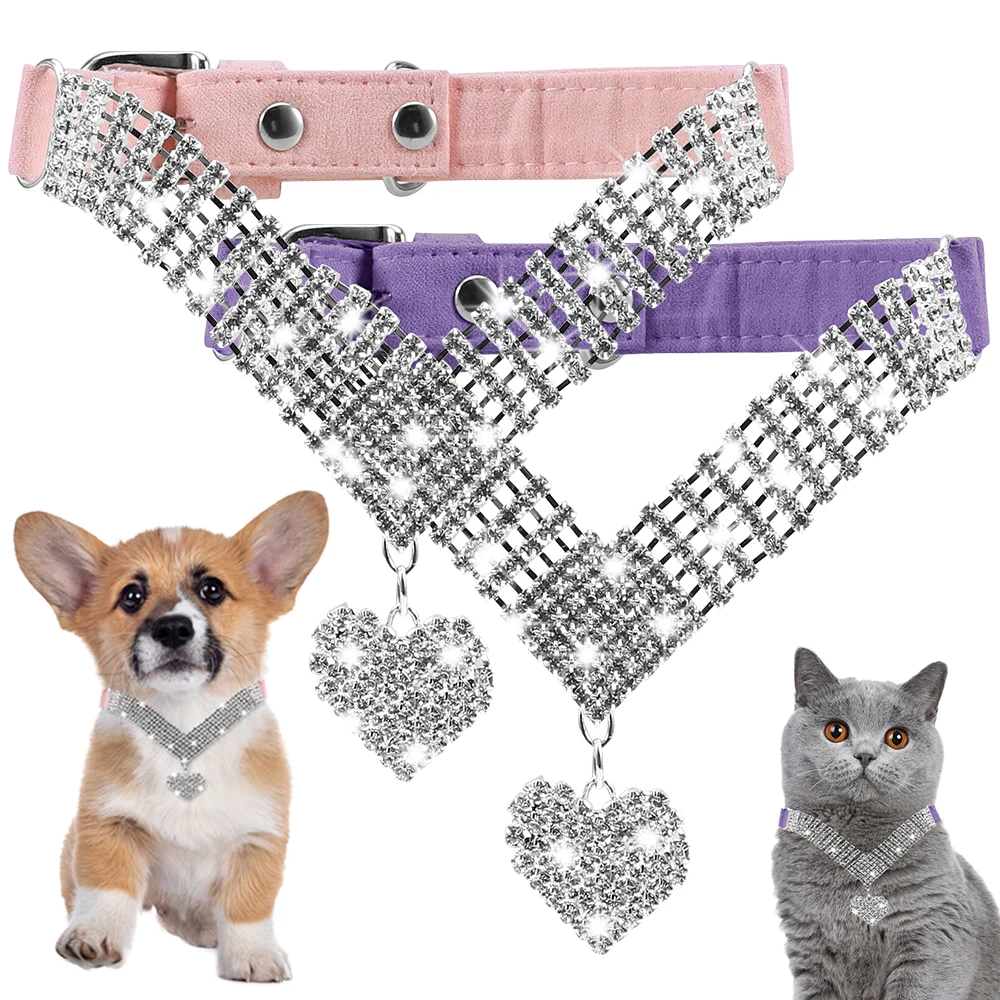 

Glittering Rhinestone Puppy Dog Collars Flexible Cute Dog Collar Cat Adjustable Crystal Collar with Heart Necklace for Small Pet