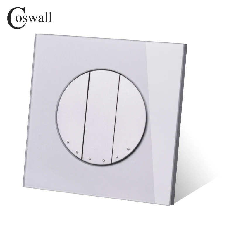 Coswall 3 Gang Momentary Contact Push Button Wall Light Switch Reset Pulse Gray Grey Crystal Glass Panel R11 Series | Обустройство