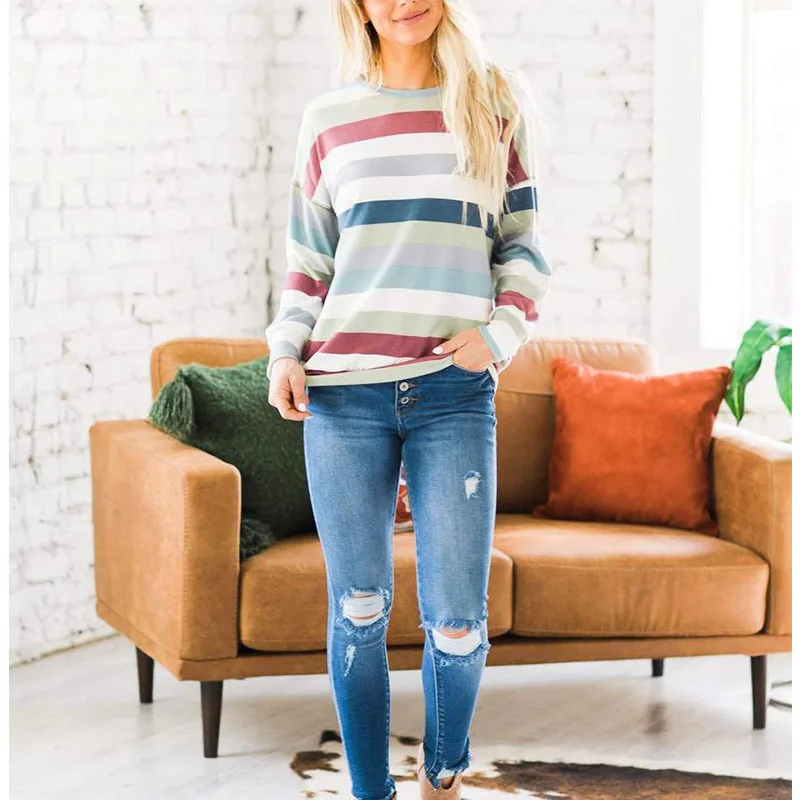 

2021 New Autumn And Winter Long-Sleeved Tops Multicolor Striped Women's T-Shirt Casual Loose Round Neck Woman Tshirts Femme