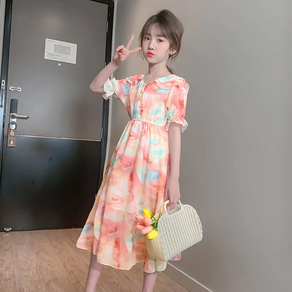 Summer Dress For Girls Floral Pattern Girl Beach Behemian Children Sun Dresses Double-layered Kids Costume | Детская одежда и