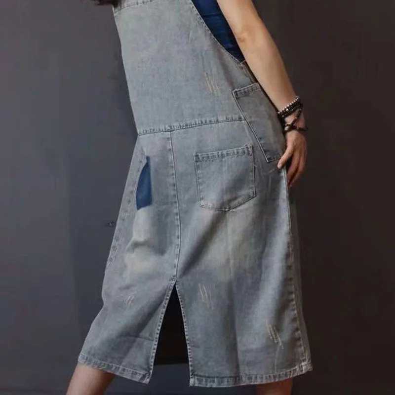 

IEQJ Women Bih Size Light Blue Patchwork Denim Dress New Square Neck Sleeveless Loose Fit Fashion Spring Autumn 2021 3D01648