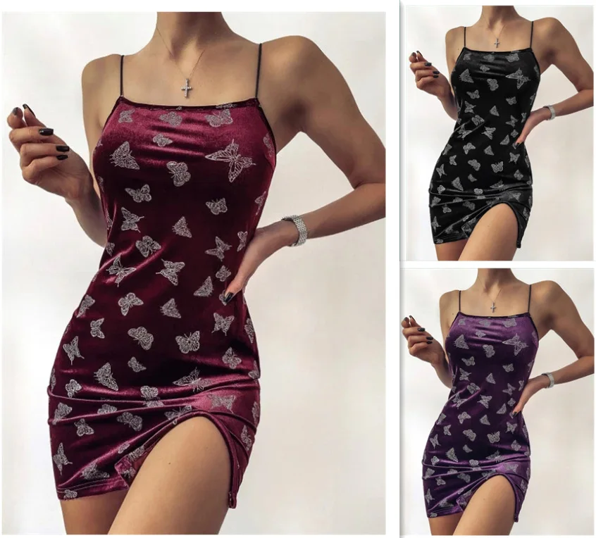 

2021 New Migazure Club Sleeveless Butterfly Print Flannel Women's Fashion Sexy Slip Mini Dresses With Spaghetti Strap