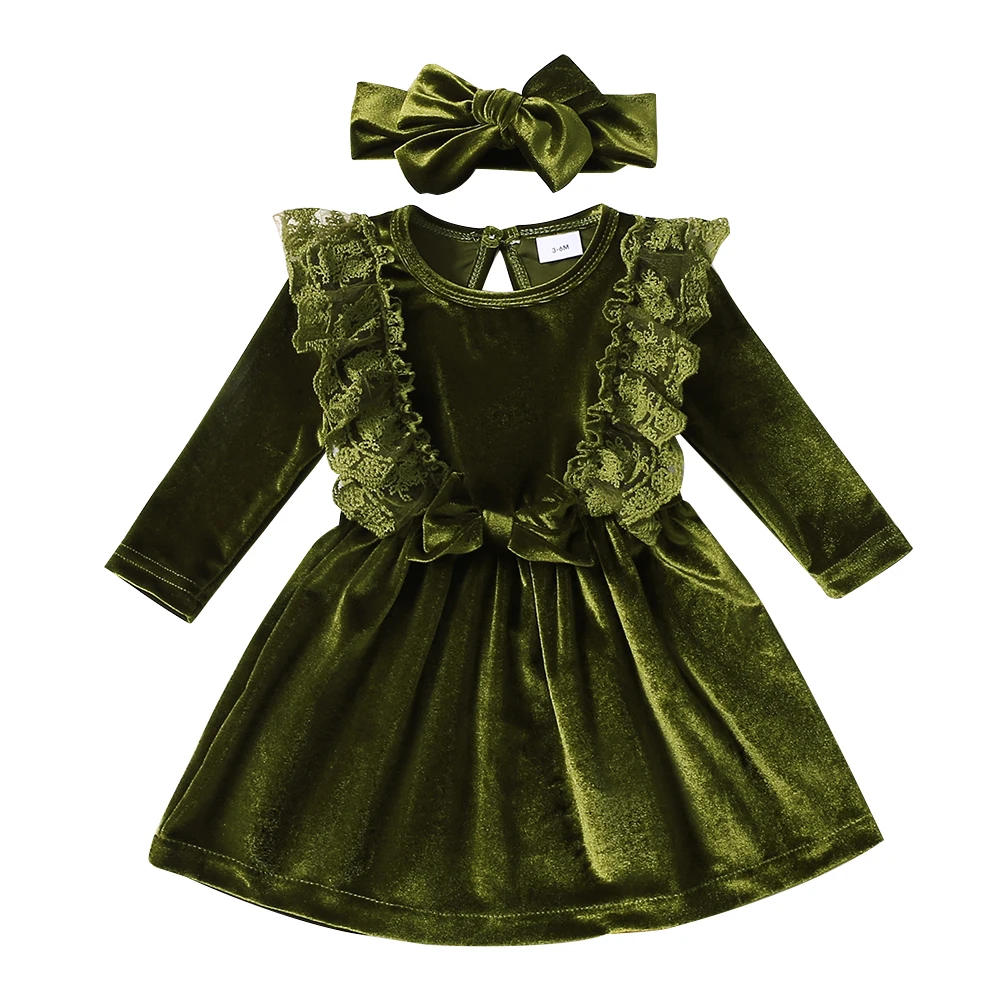 

Newborn Baby Girls Velvet Solid Lace Patchwork Fit Flare Long Sleeve Knee Length Dress Round Neck Spring Autumn Fashion Pullover