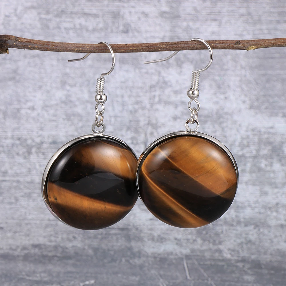 Женские круглые висячие серьги с натуральным камнем из оникса лабрадорита