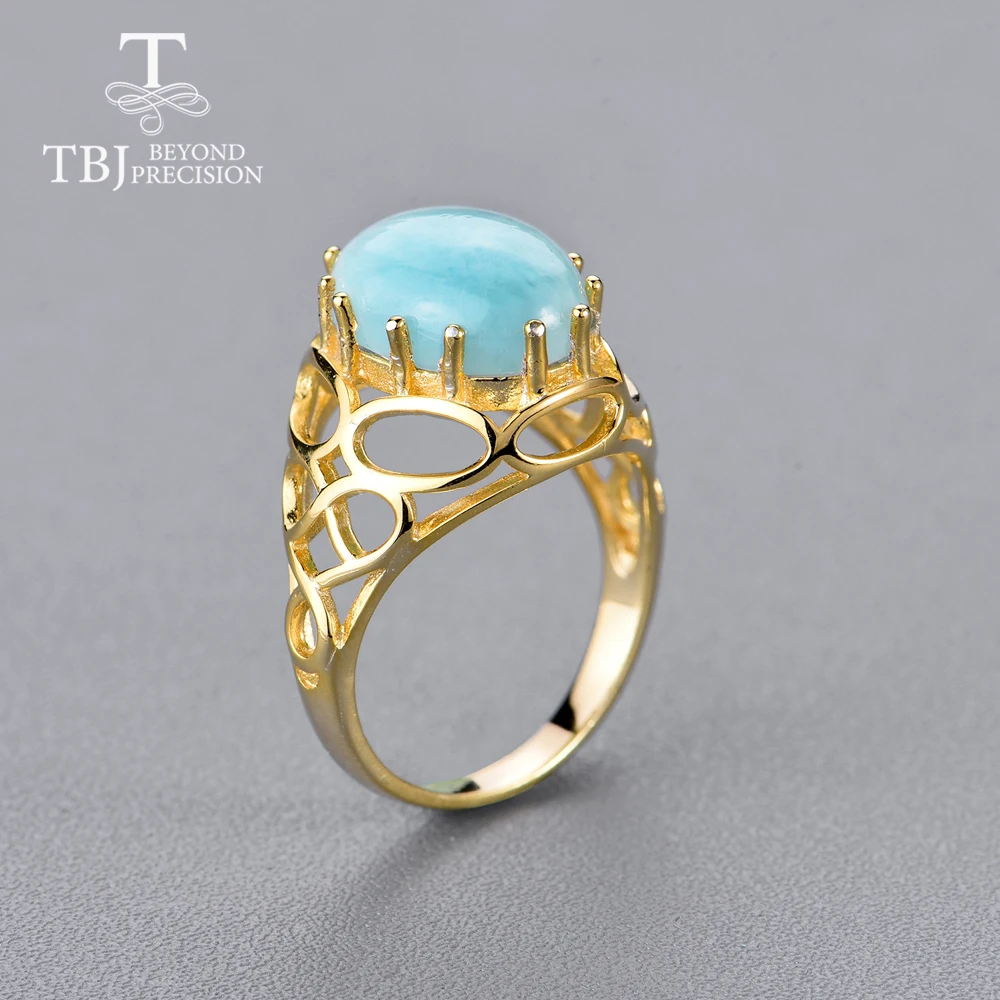 Кольцо с овальным драгоценным камнем 10 х14 Ларимар серебро 925 пробы золотистые