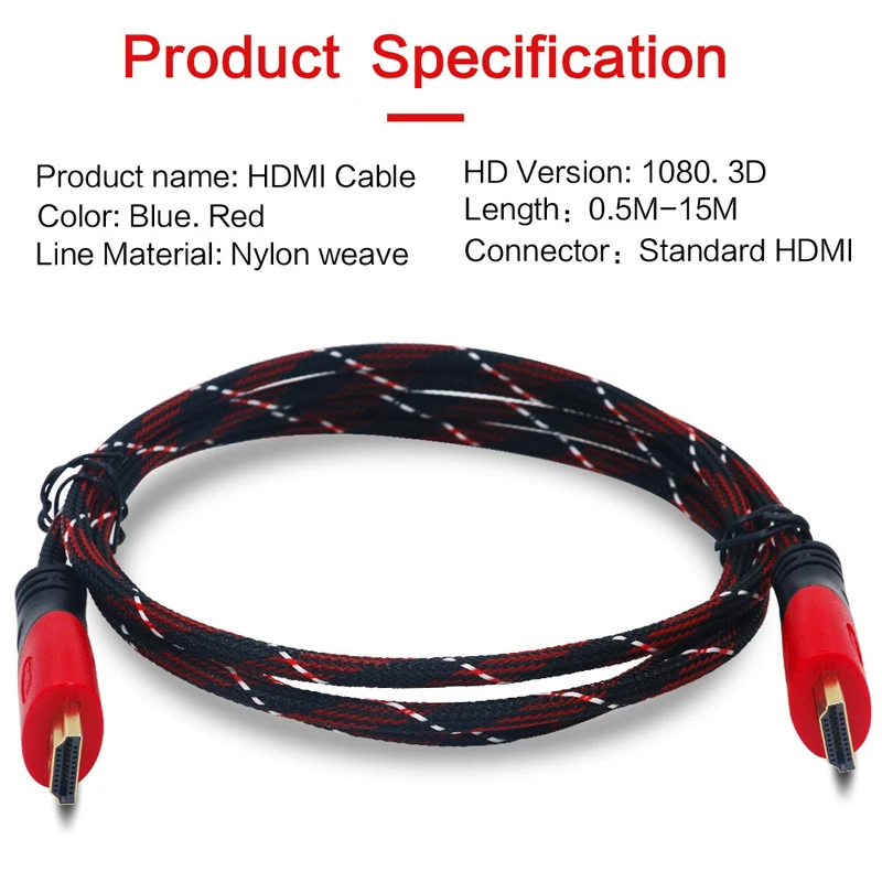 Высокоскоростной HDMI кабель позолоченный Соединитель с красной, черно-белой сеткой 1080 P, 0,5 m, 1 m, 1,5 m, 2 m, 3 m, 5 m, 8 m, 10m