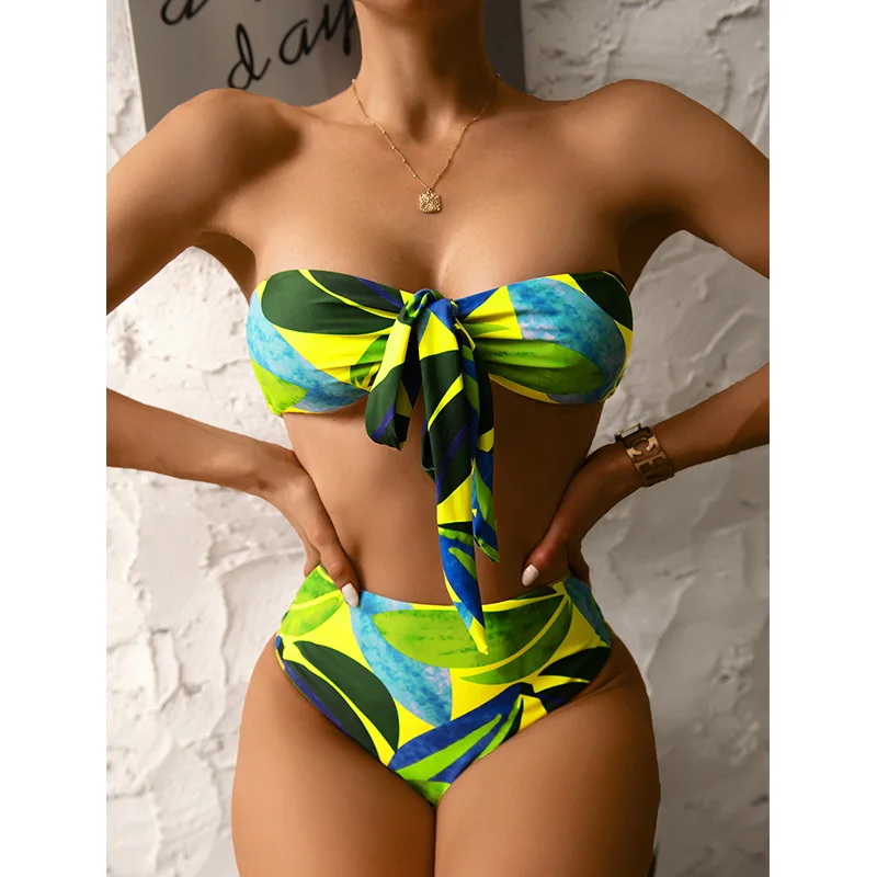 Off Shoulder Print Bikinis High Waist Swimsuit Women Swimwear Push Up Bathing Suit Knotted Bikini Sets Tunic Brazilian Biquini | Женская
