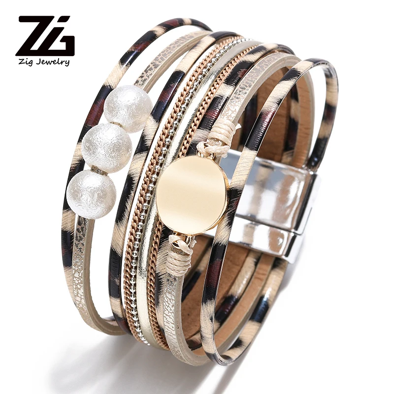 Женский кожаный браслет ZG гламурный леопардовой расцветки с большим жемчугом