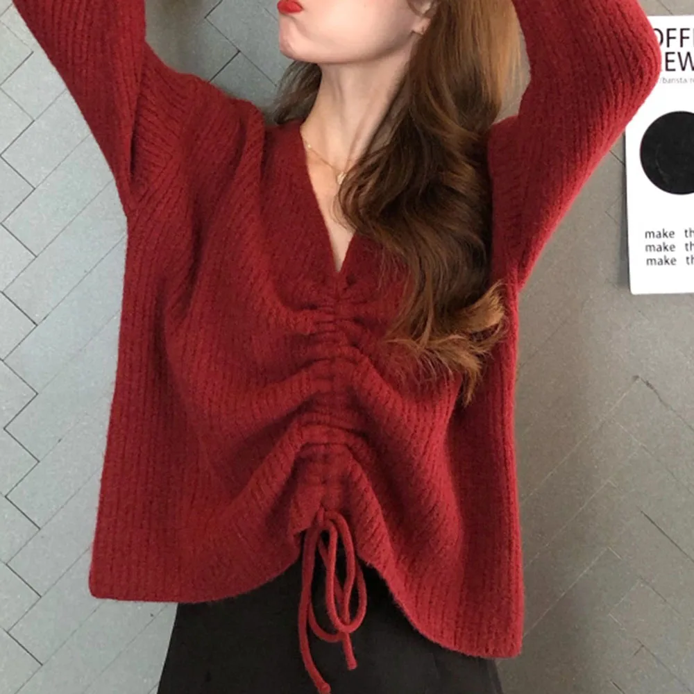 

Autumn Women Sweaters And Pullovers New Knitted V-neck Pleated Long-sleeved Shirt Korean Style Fashion Ladies Solid Color Blouse
