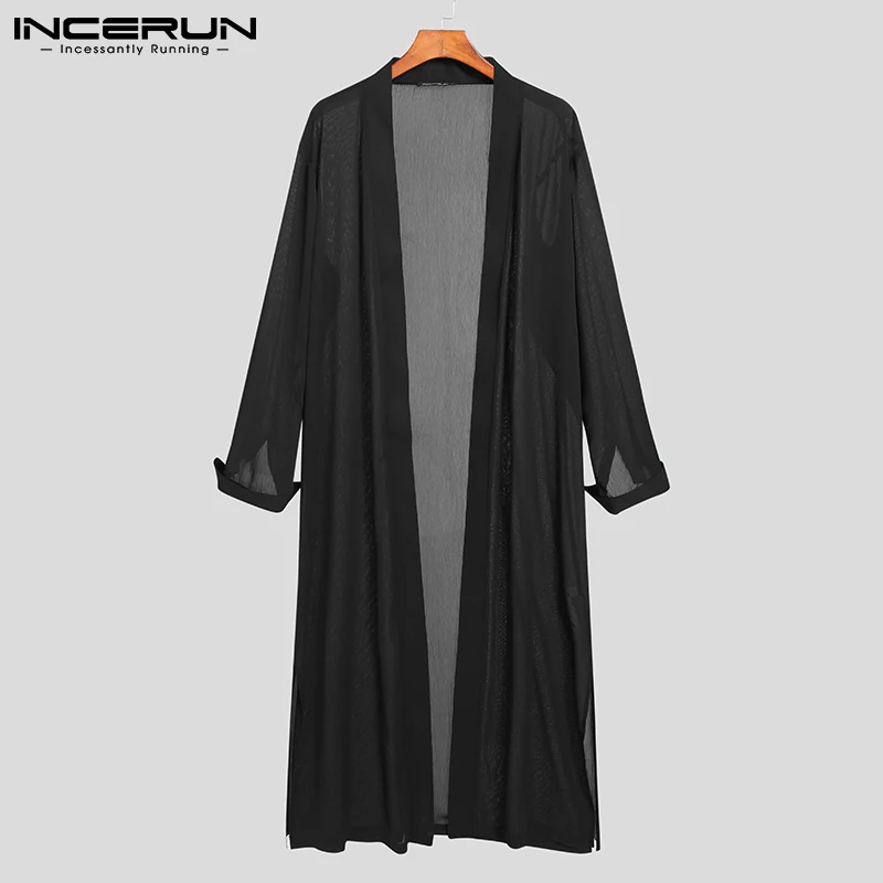 

Тренч мужской, длинный однотонный сетчатый прозрачный Повседневный Кардиган, тонкое пальто с длинными рукавами, 2021, INCERUN, S-5XL