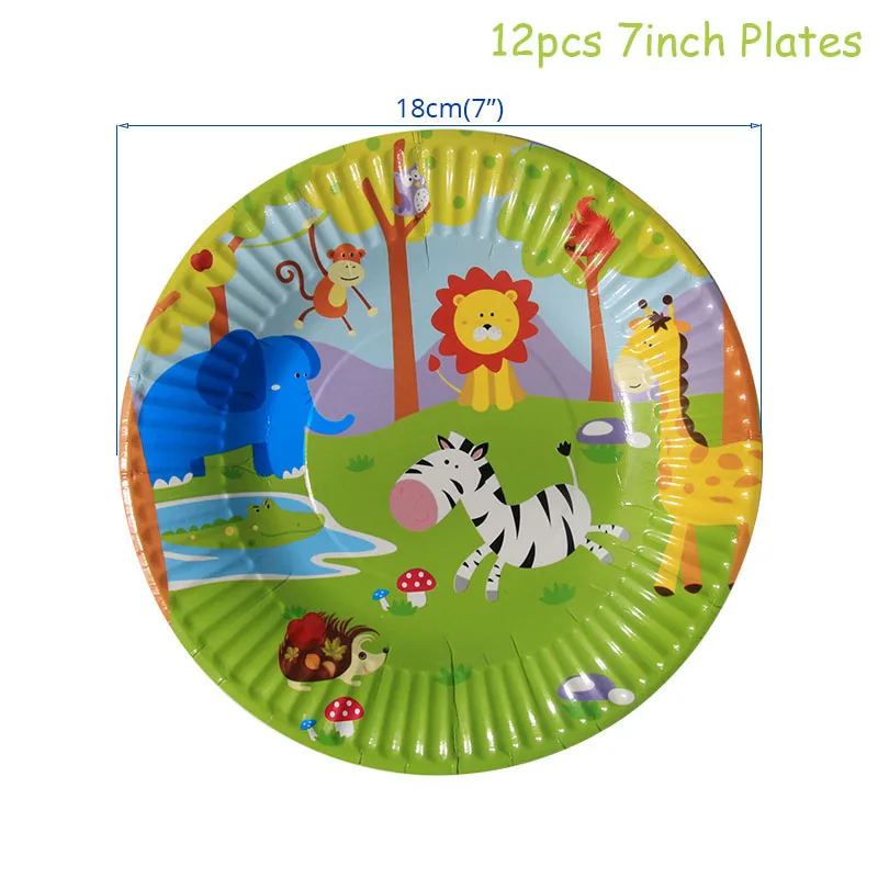 12pcs 7inch plates Джунгли с днем рождения баннер сафари животных торт Топпер Дикий один 1-я вечеринка для мальчика день рождение украшения флажки для торта джунгли вечерние поставки - Цвет: 12pcs 7inch plates