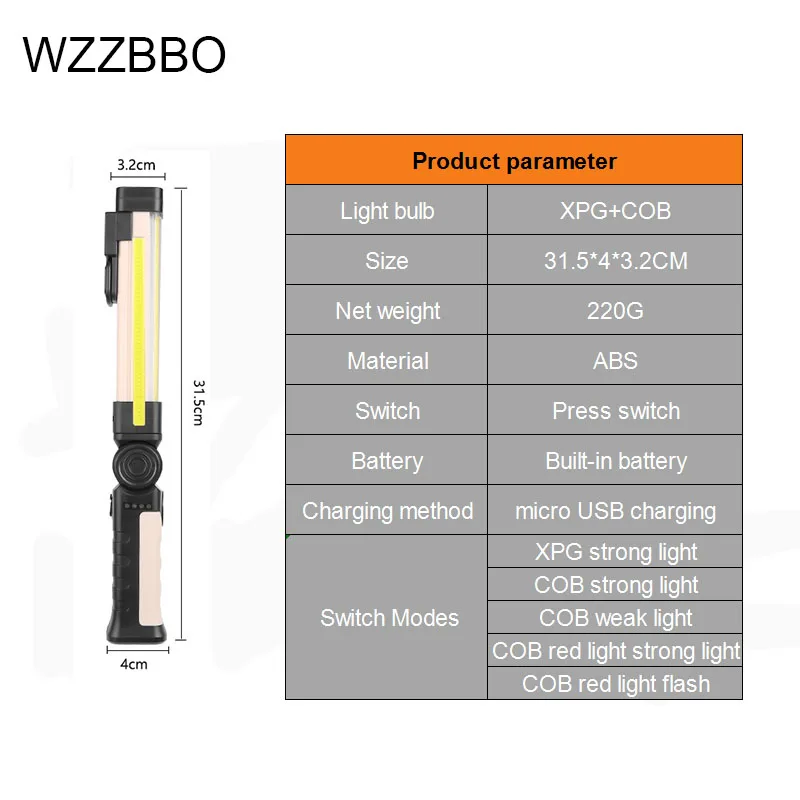 

Powerful COB Working Flashlight torch lighter rechargeable flashlight 360 rotating Portable Lights camping hunting lantern