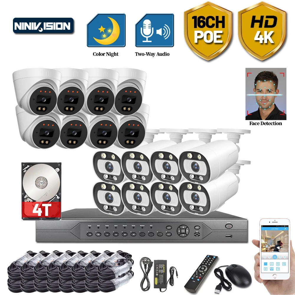 H.265 CCTV система безопасности комплект 16ch POE 5MP NVR 4K Наружная HD цветная ночного