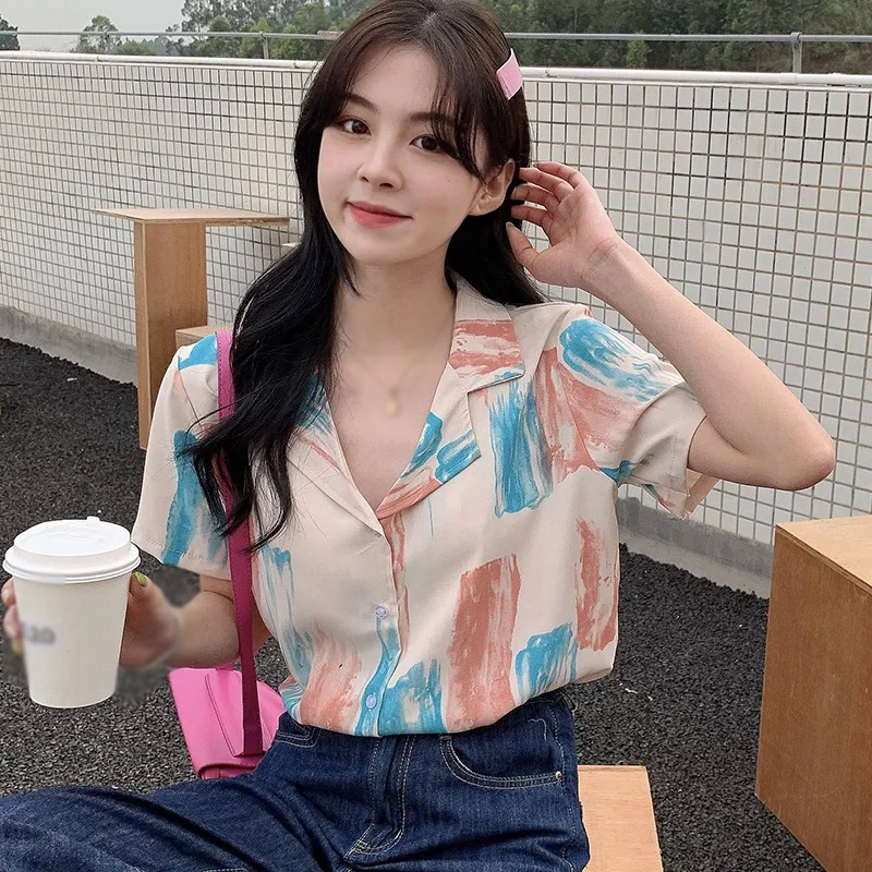 

ETOSELL Women's Summer Casual Blouse Top Office Lady Chiffon Blouse Short Sleeve Shirts Korean Style Blouse