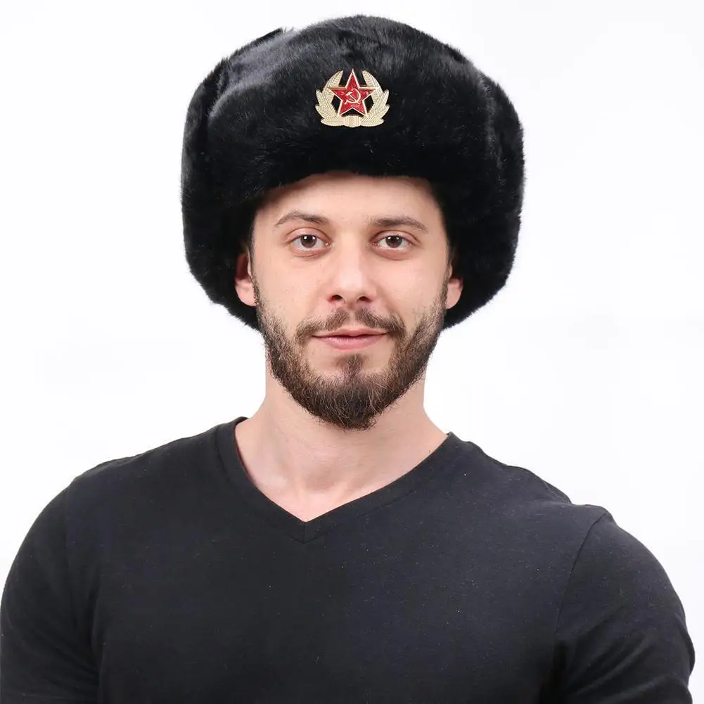 

Winter Men Hats Keep Warm Soviet Badge Lei Feng Hat Outdoor Windproof Thick Earmuffs Warm Hats Faux Fur Earflap Bomber Caps