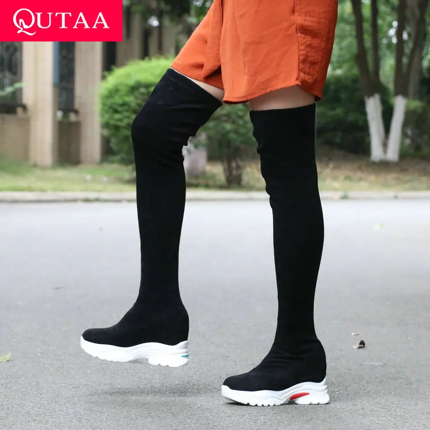 

QUTAA 2021 Wedges Casual Over The Knee Boots Flock Round Toe Slip On Women Shoes Keep Warm Winter Stretch Long Boots Size 35-43