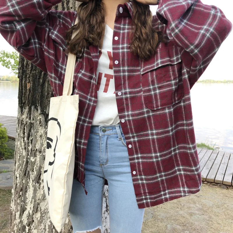 

Korean Loose Plaid Shirts Women Large Size Harajuku Long Sleeve Turn-down Collar Puff Sleeve Blouses Female Cotton Casual Blusas