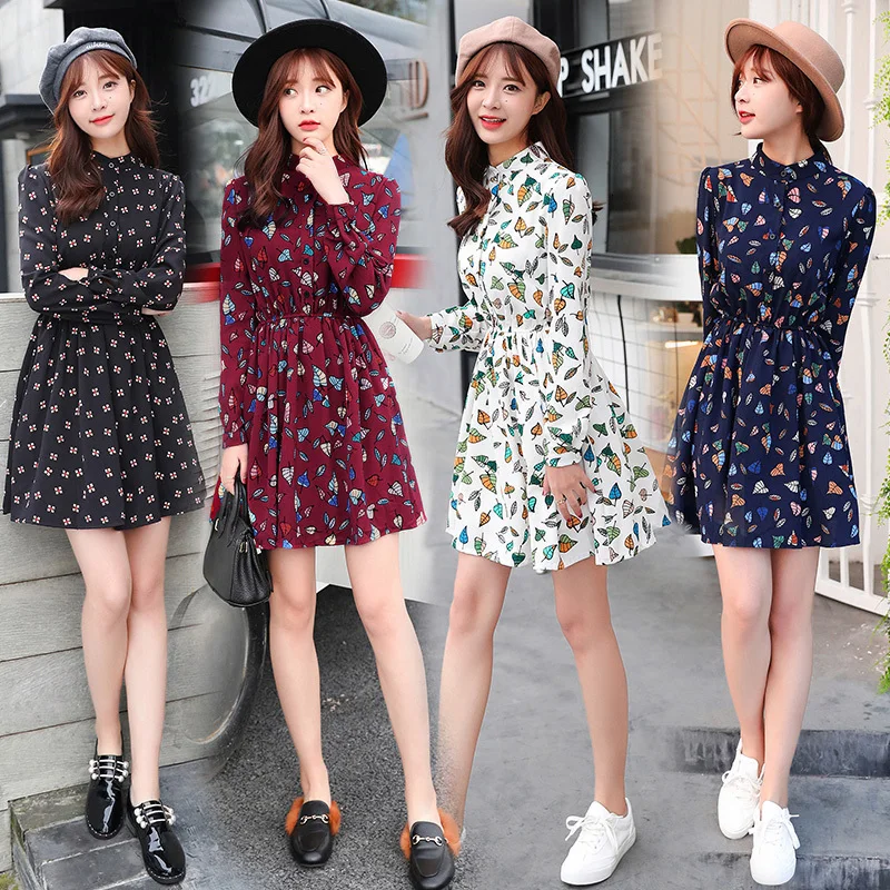 2019 осенняя одежда с принтом тонкая плиссированная юбка Осеннее шифоновое платье