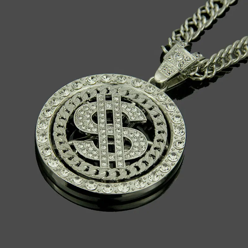 

Iced Out Crystal Rotatable US Dollar Pendant Necklaces With Cuban Chain For Men Women Hip Hop Bling Jewelry
