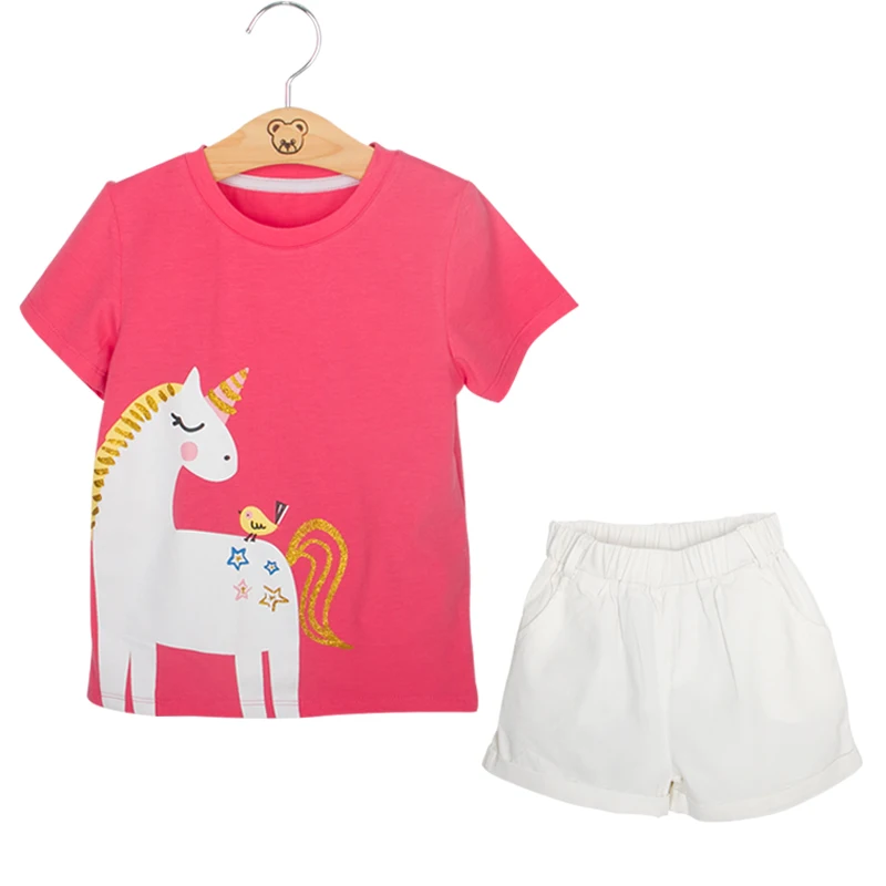

Girls Baby Summer Clothing Sets 2021 Fashion Kids Baby Casual Cartoon Unicorn T-Shirt And White Shorts Outfits Children Clothes