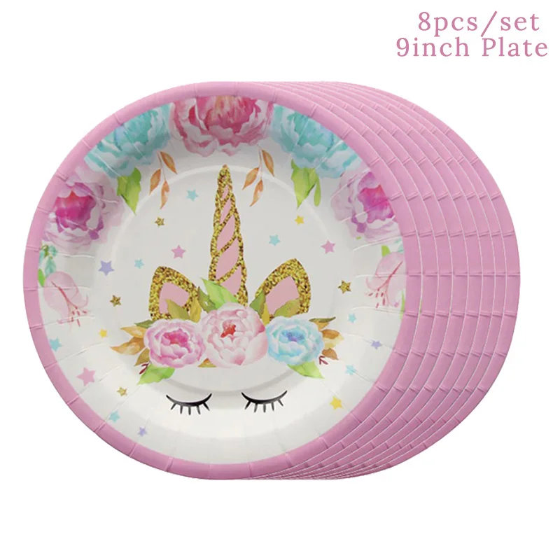 8pcs 9inch plates Одноразовая посуда с единорогом, вечерние принадлежности с единорогом, бумажные салфетки для стаканчиков, украшения для вечеринки в честь Дня Рождения - Цвет: 8pcs 9inch plates