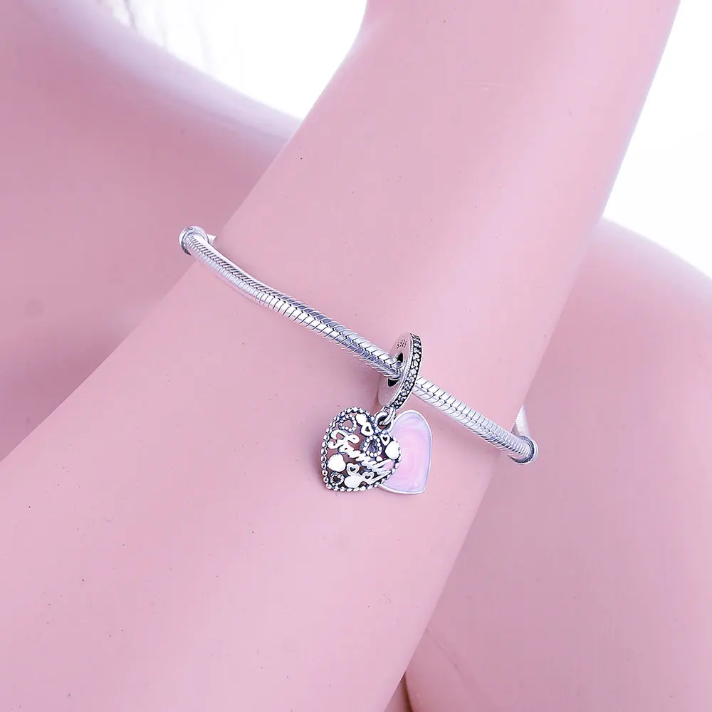 

925 Sterling Silver Heart Family Beads Charm With Enamel CZ Fits Original pandora Charms Bracelet DIY Jewelry Making Gift 2018