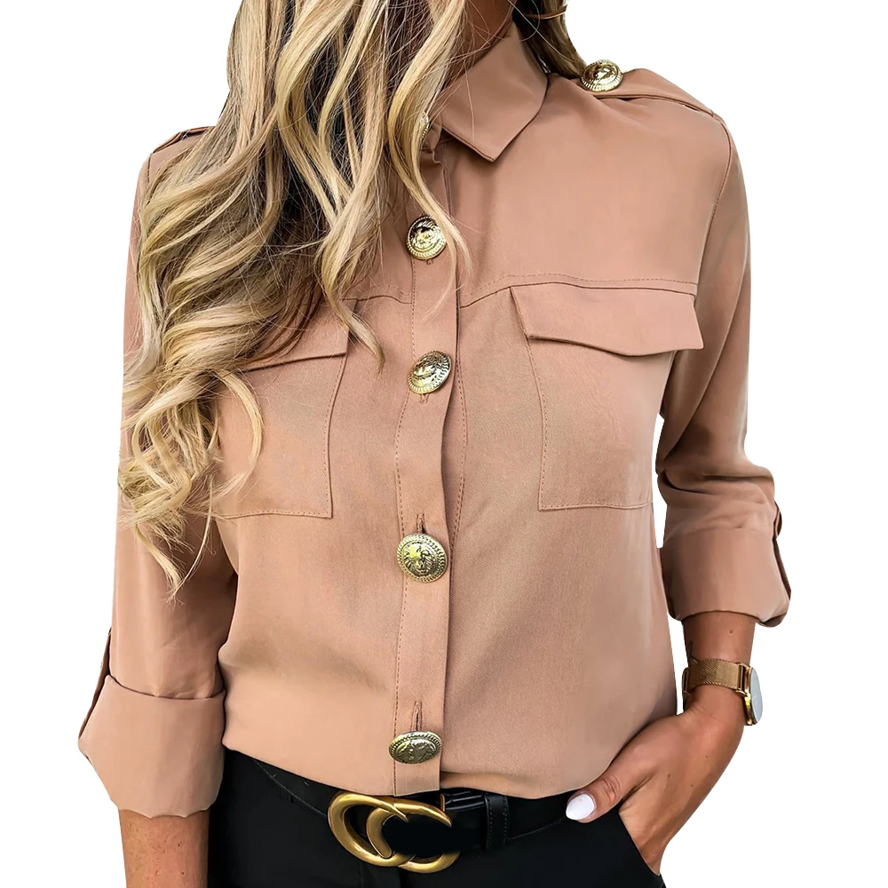 

Military Top Ladies Casual Button Blouse Blusa Feminina Women Shirts With Pocket Blouse Offices Lady Blouse Chemisier Femme D30
