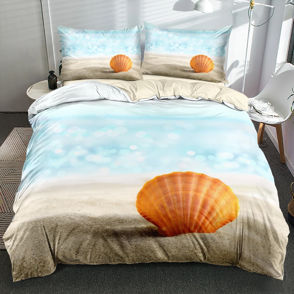 

3D Shell Sandbeach Pattern Printed Duvet Cover Set Blue Quilt Cover With Pillow Shams Single Double Full Queen King Sizes