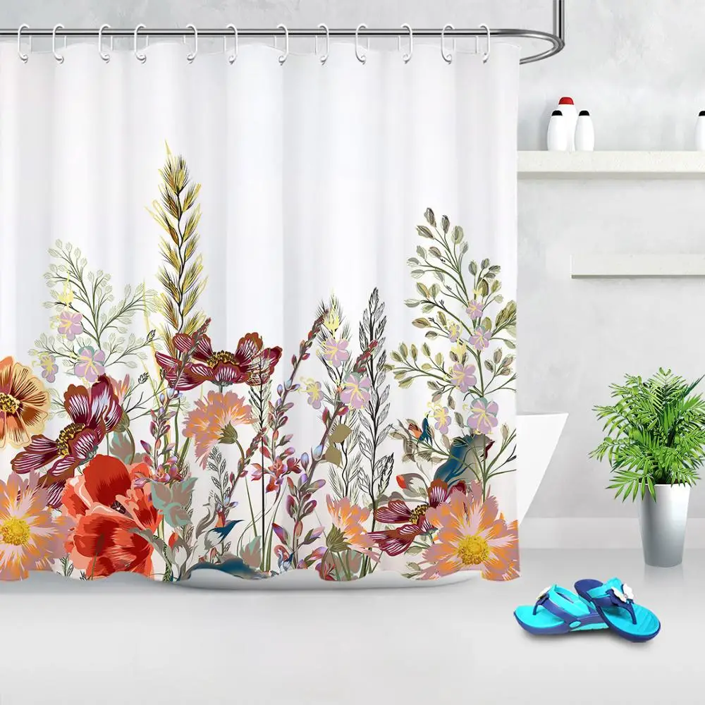 

Тканевая занавеска для душа, с акварельным рисунком, с разноцветными цветами, белым фоном, весенний Цветочный комплект