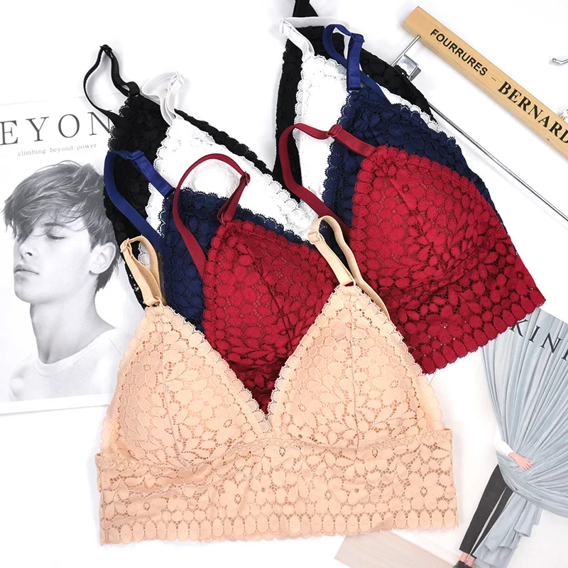 Thin French Style Bralette Lace Wireless Triangle Cup Women Lingerie Soft Bra Seamless Underwear Deep V Girls | Женская одежда
