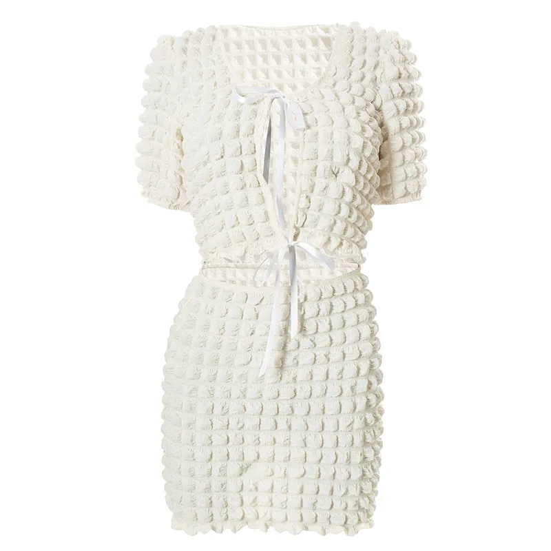 

2021 Summer New Women Dress Solid Color O Neck Lace Up Hook Flower Hollow Pleat Crop Top Slim Drees Temperament Women Clothing