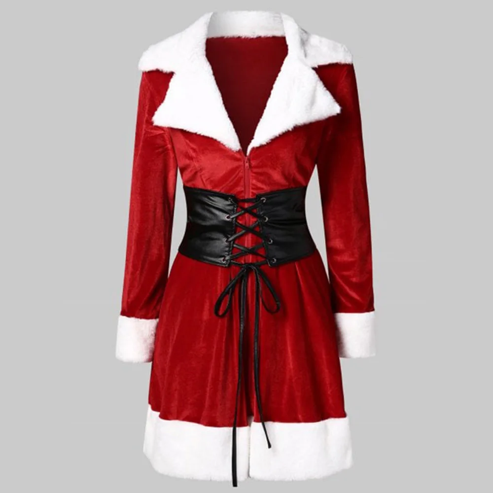 Женское рождественское платье винтажное бархатное с воротником кожаное поясом в
