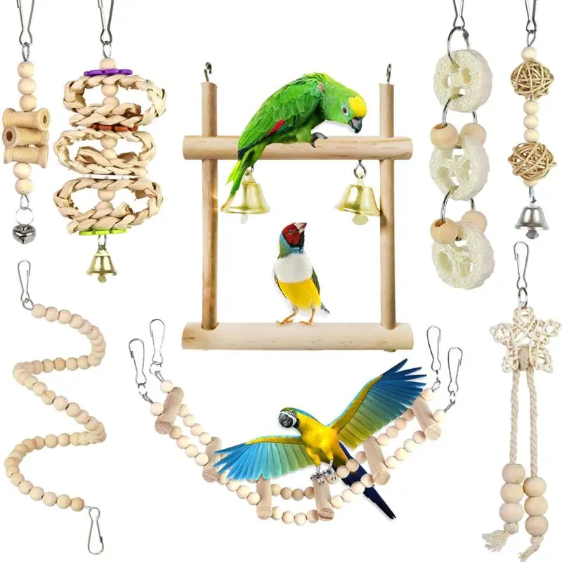 

8Pcs/Set Bird Parrot Toys Wooden Hanging Swing Hammock Climbing Ladders Perches