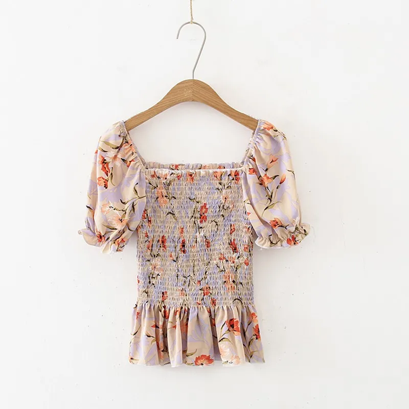 

Summer Women's Chiffon Shirt Floral Print Slant Neck Sexy Top Sweet Style Slim Short Sleeve Chiffon Shirt Top